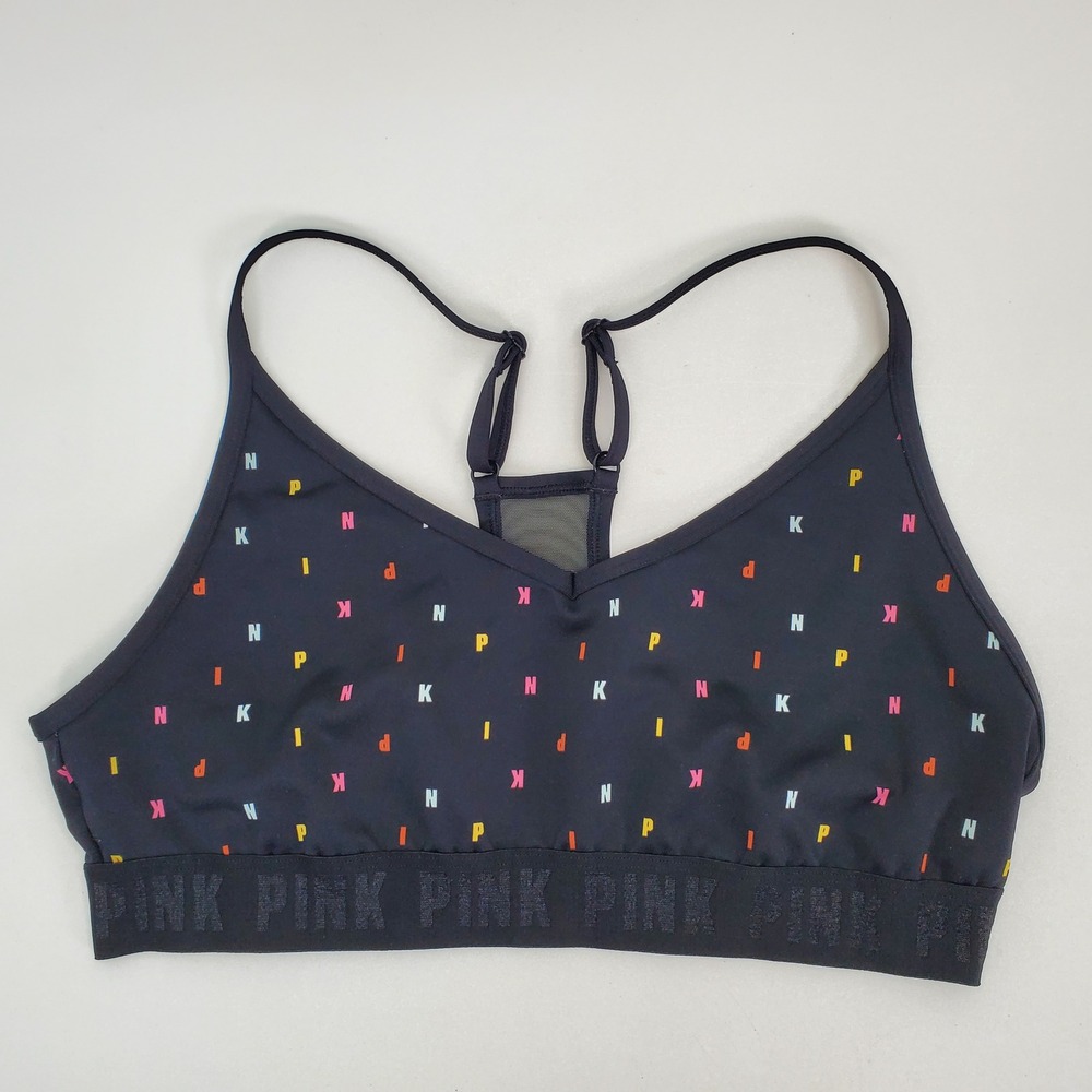 Pink Active Victorias Secret Sports Bra XL Black Multicolor Logo Mesh Racerback
